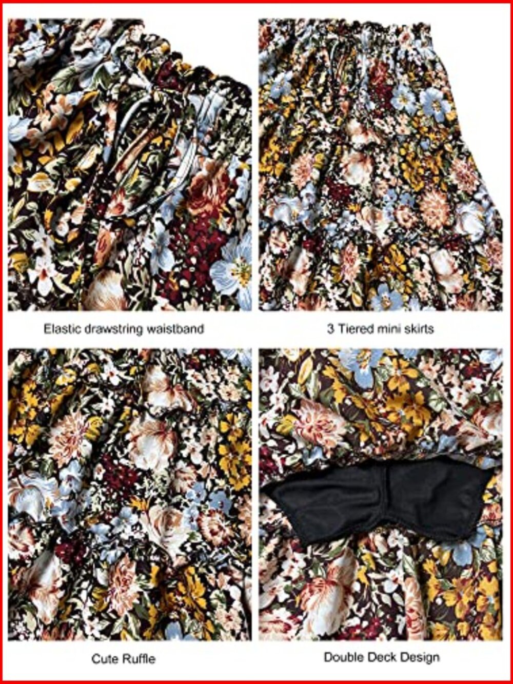 High Waist Floral Mini Skirt with Drawstring Tiered Ruffle Design - Picture 5 of 7